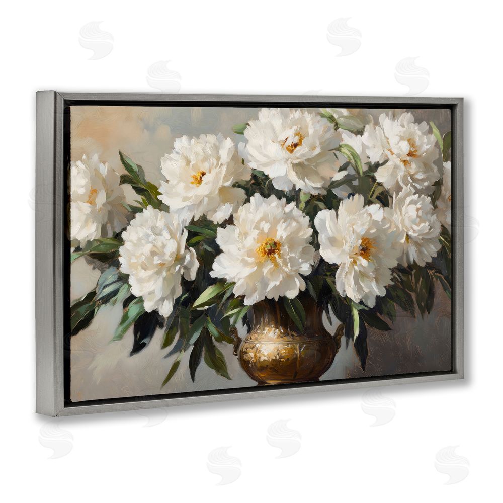 Petal Prints Design Golden Vase with Peonies Gray Floating Framed Canvas Wall Art