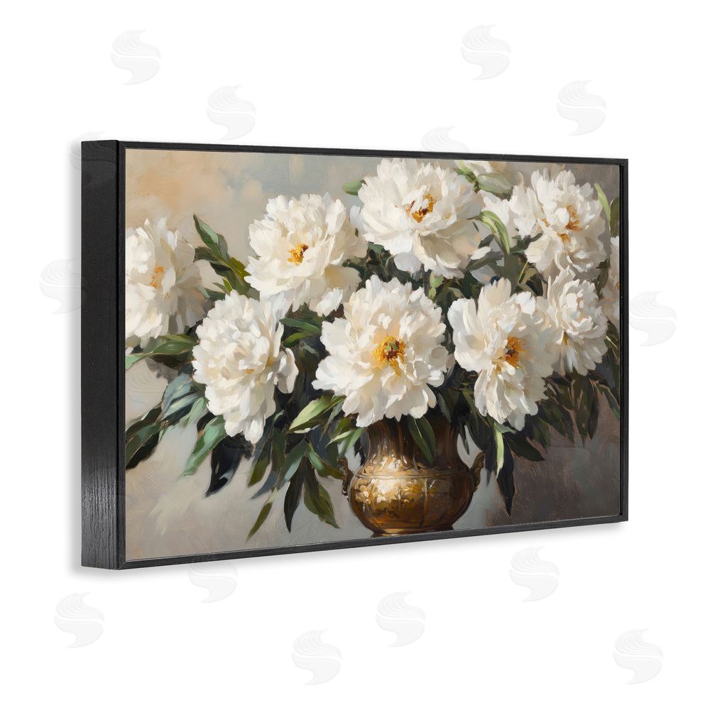 Petal Prints Design Golden Vase with Peonies Black Framed Giclee Wall Art