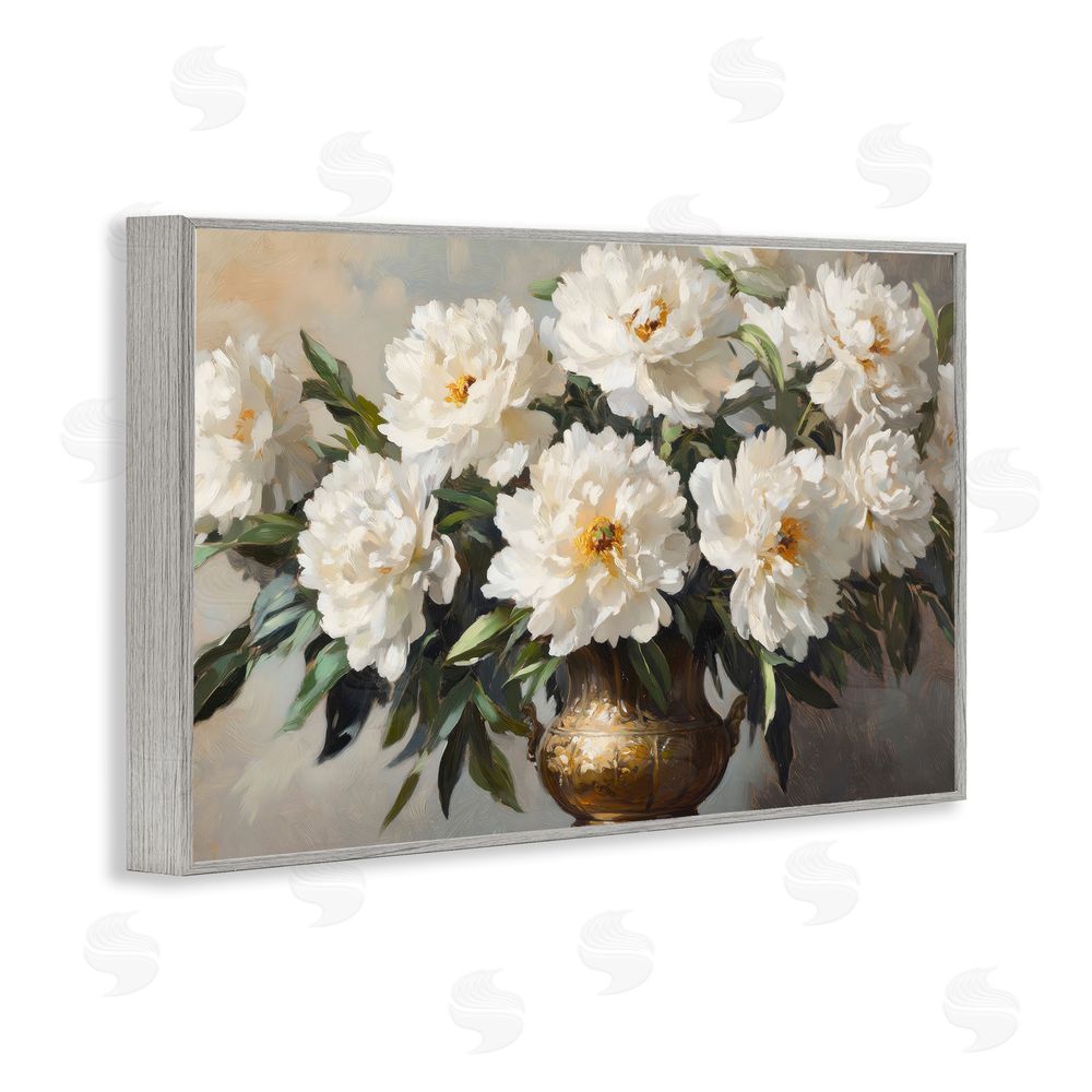 Petal Prints Design Golden Vase with Peonies Gray Framed Giclee Wall Art