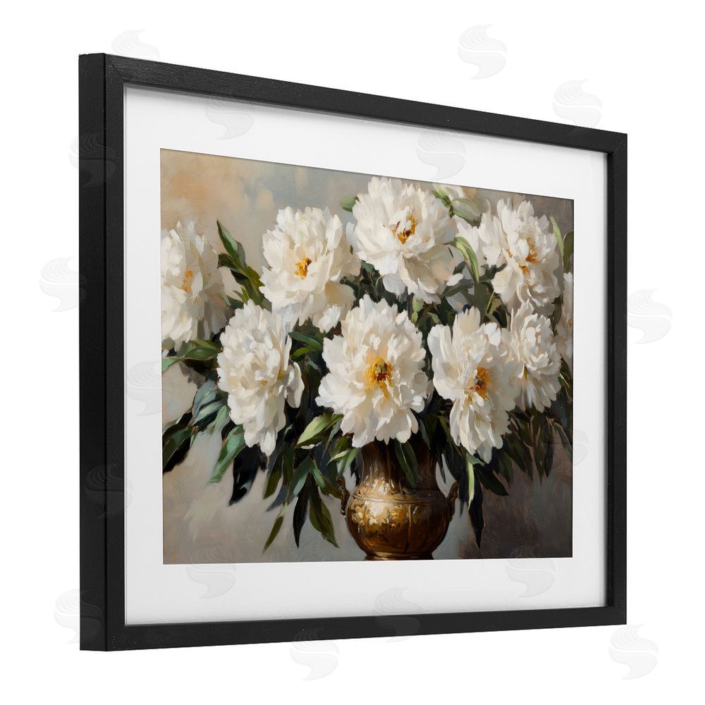 Petal Prints Design Golden Vase with Peonies Black Framed Print Under Glass Wall Art