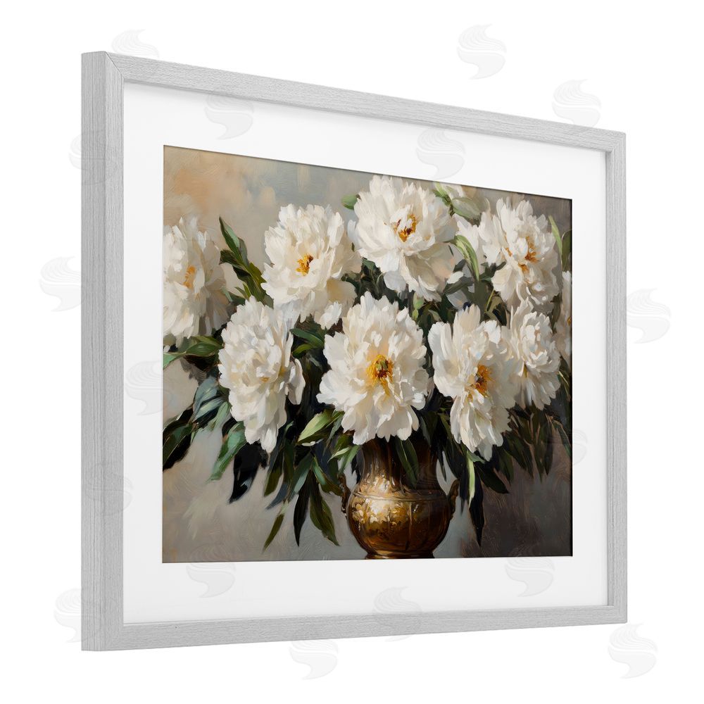 Petal Prints Design Golden Vase with Peonies Gray Framed Print Under Glass Wall Art