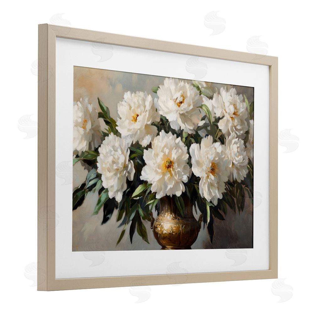 Petal Prints Design Golden Vase with Peonies Brown Framed Print Under Glass Wall Art