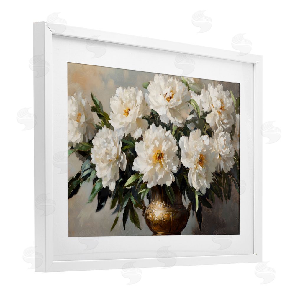 Petal Prints Design Golden Vase with Peonies White Framed Print Under Glass Wall Art