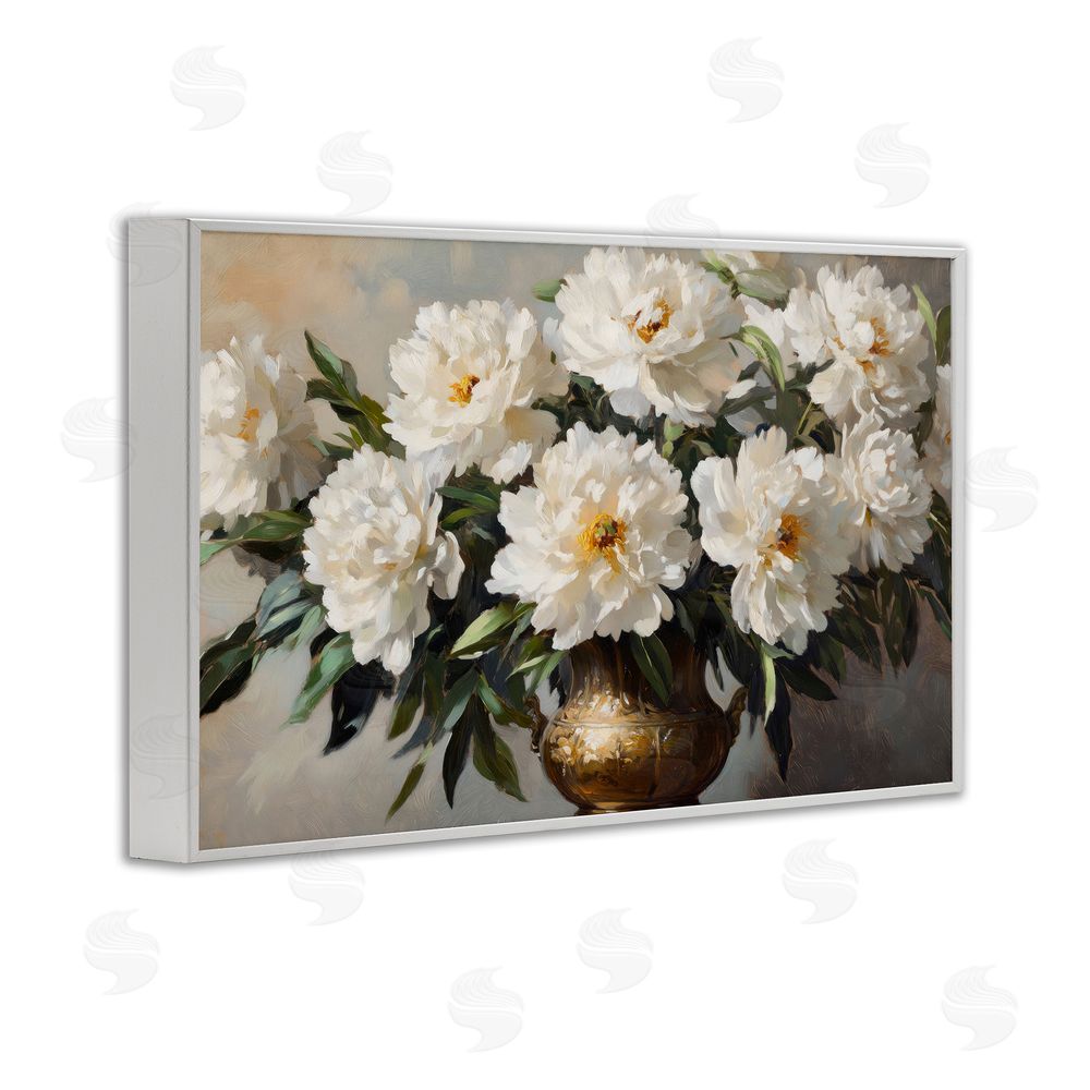 Petal Prints Design Golden Vase with Peonies White Framed Giclee Wall Art