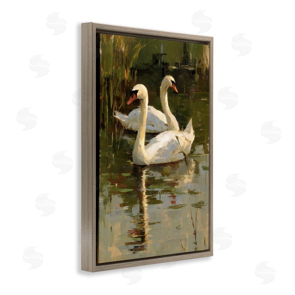 Petal Prints Design Swans For A Swim Brown Floating Framed Canvas Wall Art Print