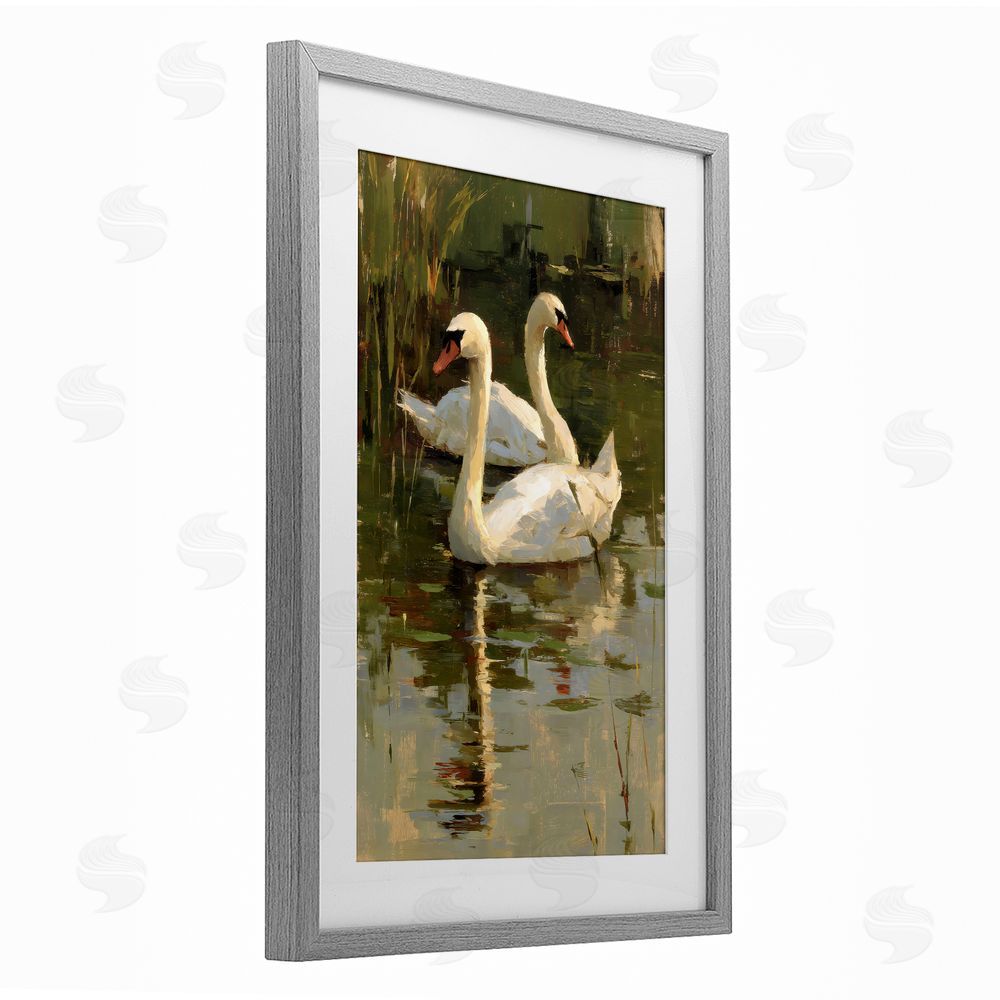 Petal Prints Design Swans For A Swim Gray Framed Print Under Glass with White Mat Wall Art
