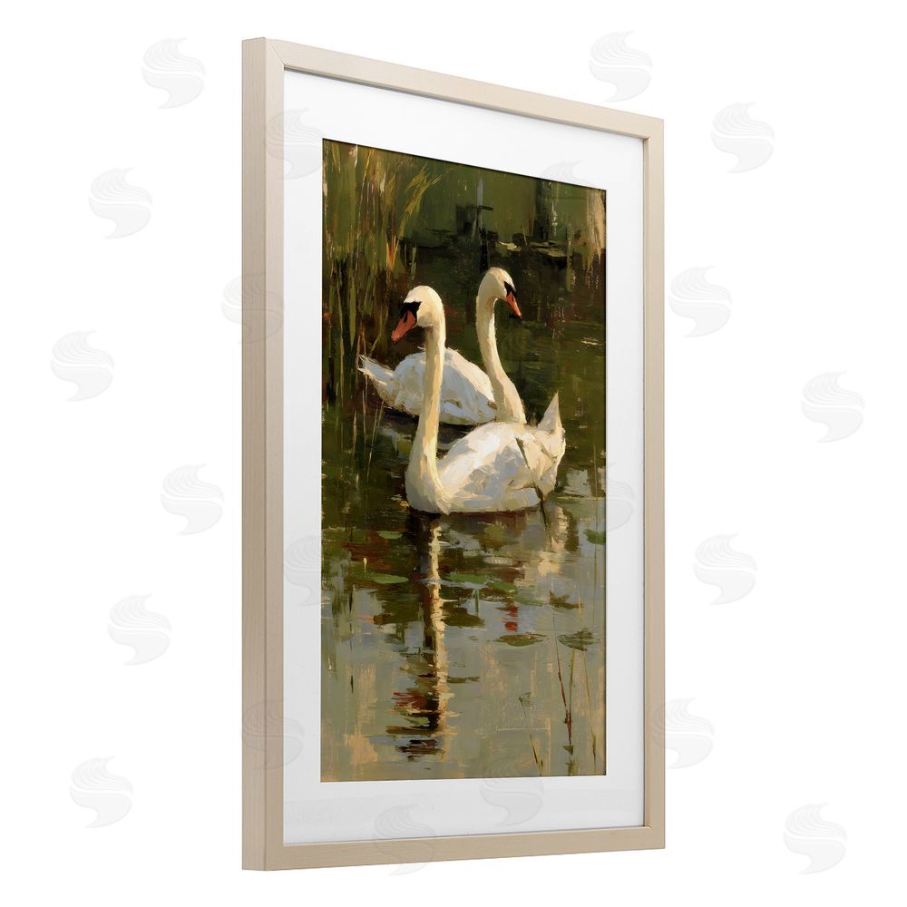 Petal Prints Design Swans For A Swim Brown Framed Print Under Glass with White Mat Wall Art