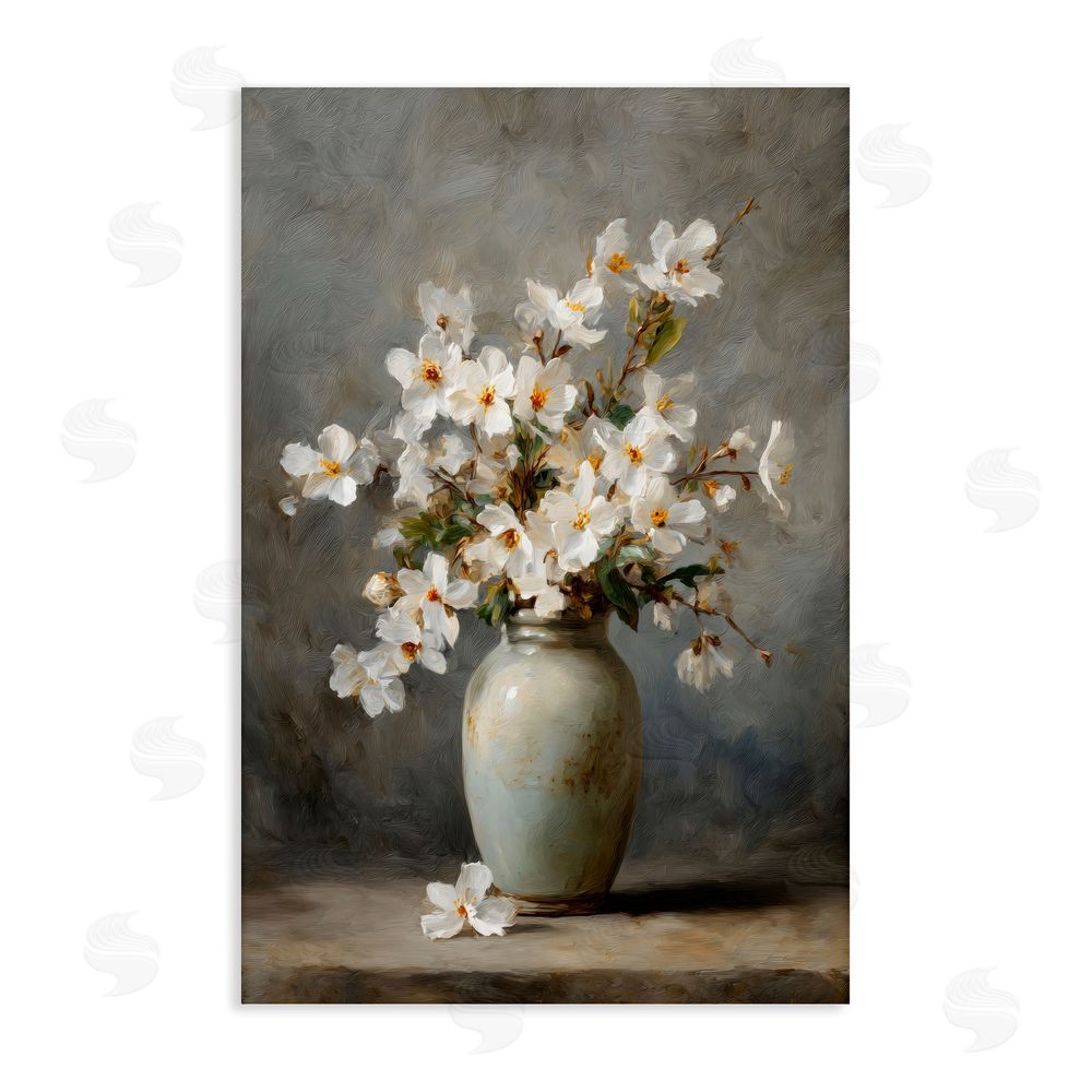 Petal Prints Design Full White Flowers in Vase Stretched Canvas Wall Art
