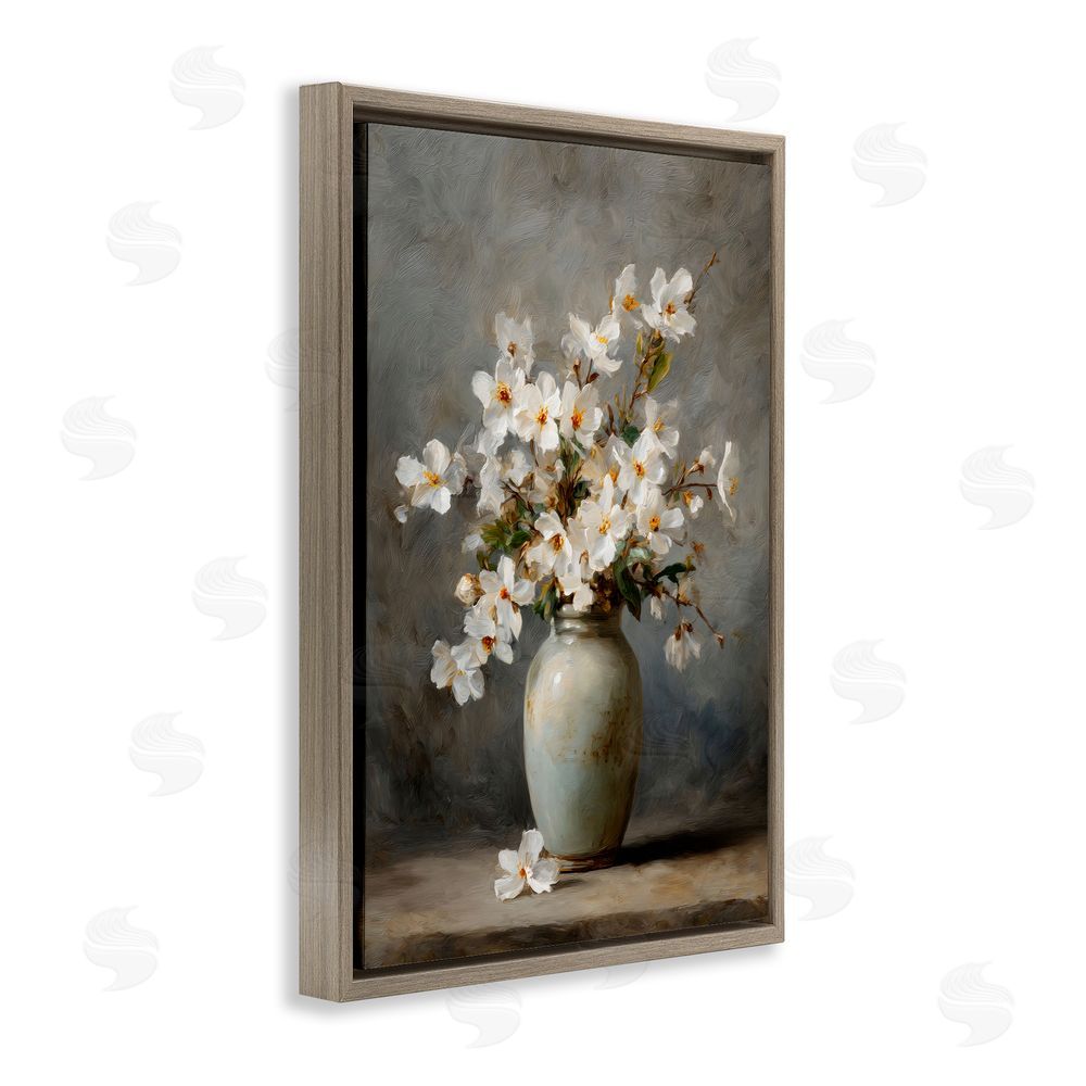 Petal Prints Design Full White Flowers in Vase Brown Floating Framed Canvas Wall Art