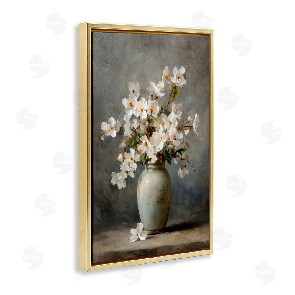 Petal Prints Design Full White Flowers in Vase Gold Floating Framed Canvas Wall Art