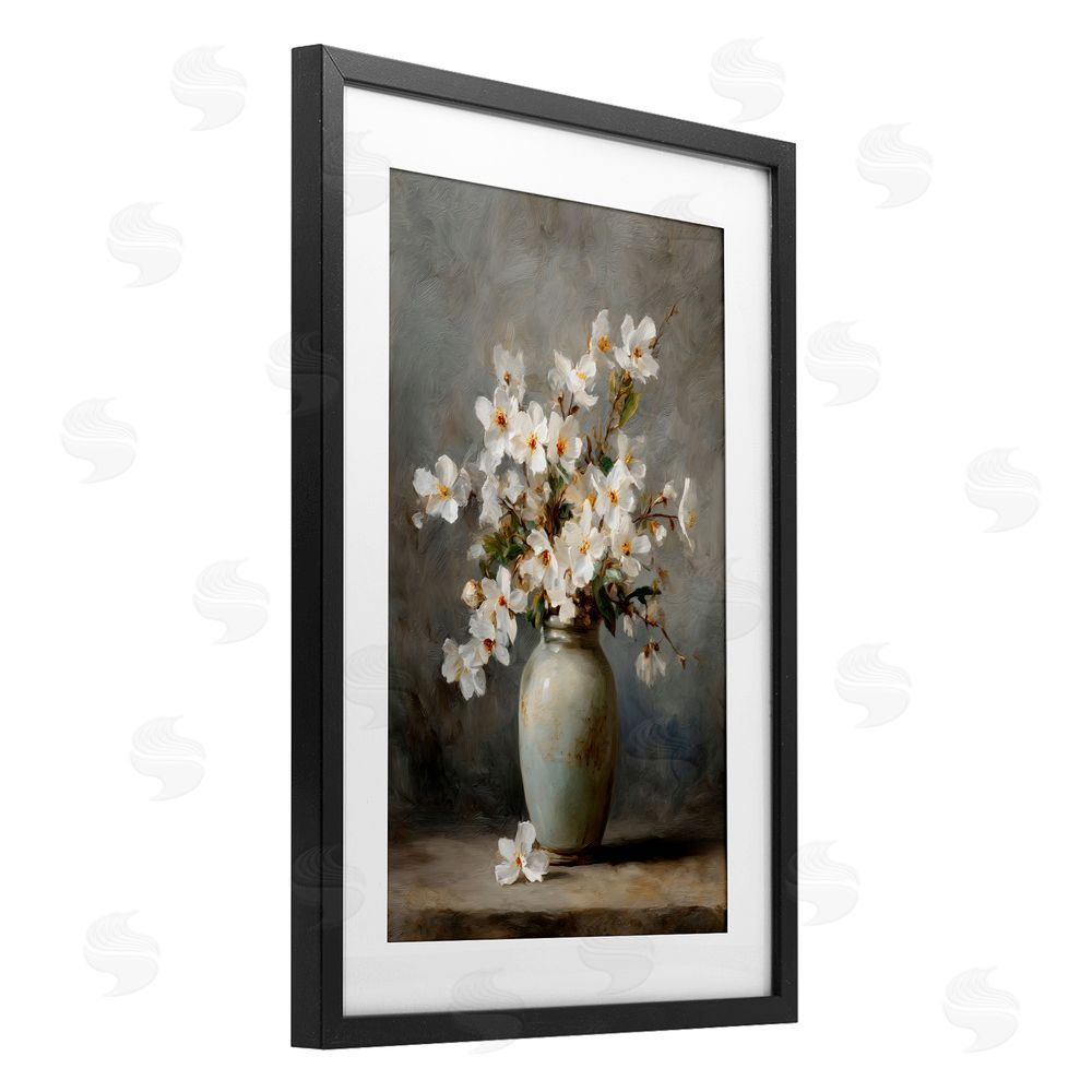 Petal Prints Design Full White Flowers in Vase Black Framed Print Under Glass Wall Art