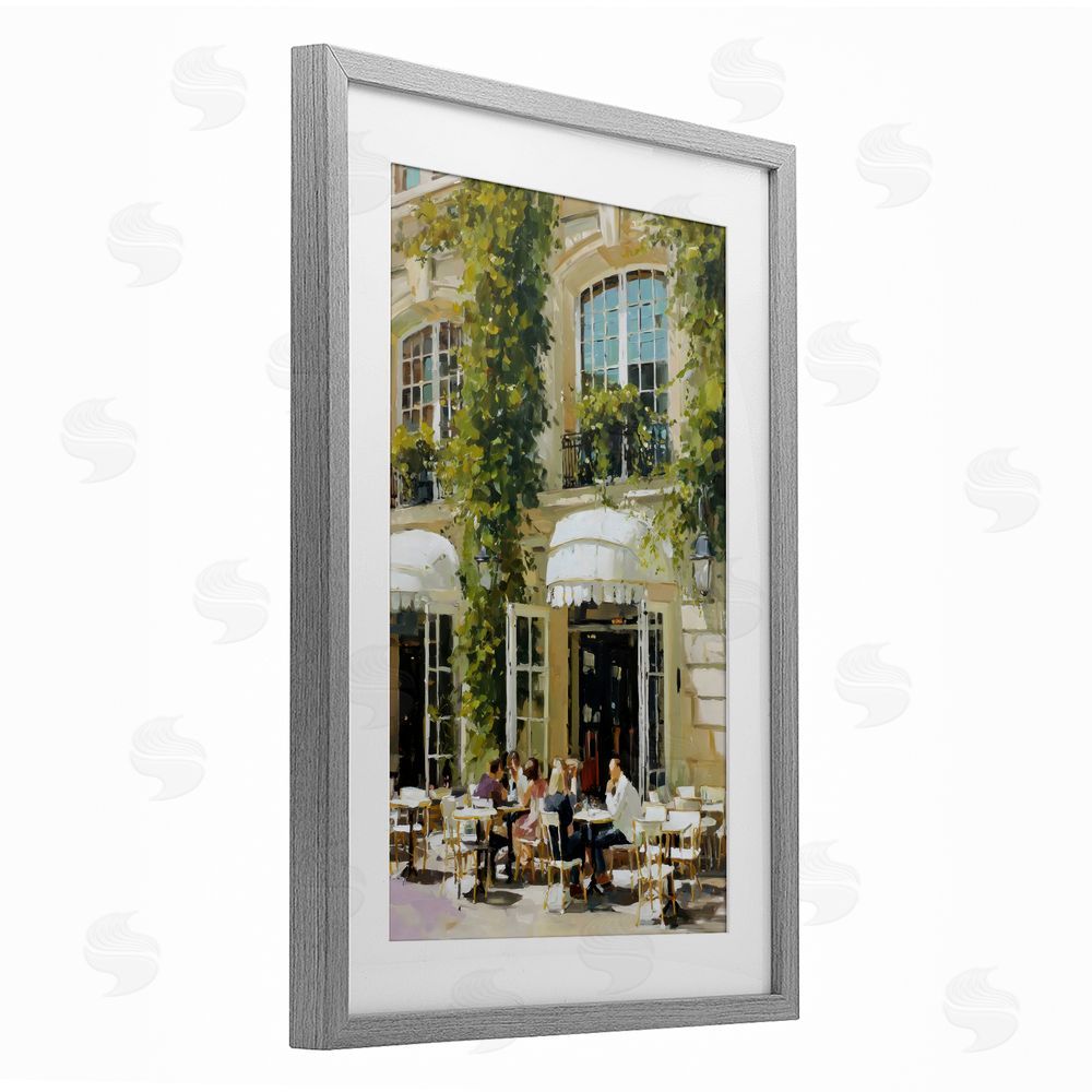 Petal Prints Design Cafe Terrace with Ivy Gray Framed Print Under Glass with Matting Wall Art
