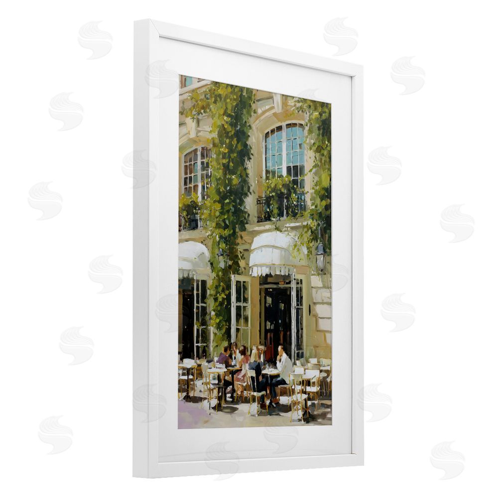 Petal Prints Design Cafe Terrace with Ivy White Framed Print Under Glass with Matting Wall Art