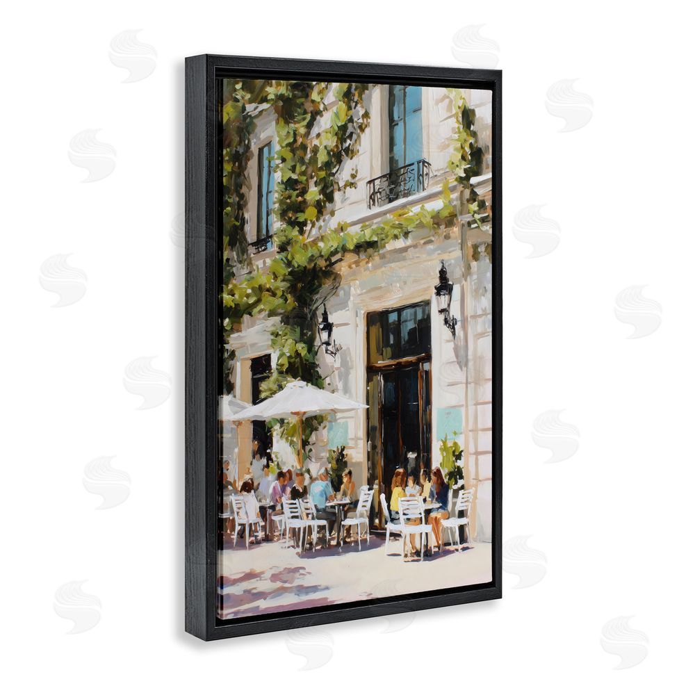 Petal Prints Design Streetside Cafe Terrace with Ivy Black Floating Framed Canvas Wall Art Print