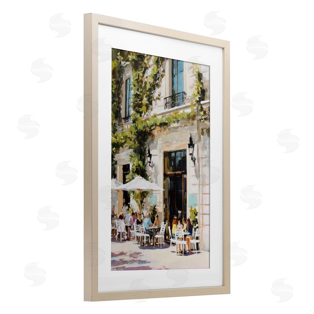 Petal Prints Design Streetside Cafe Terrace with Ivy Brown Framed Print Under Glass with White Mat Wall Art