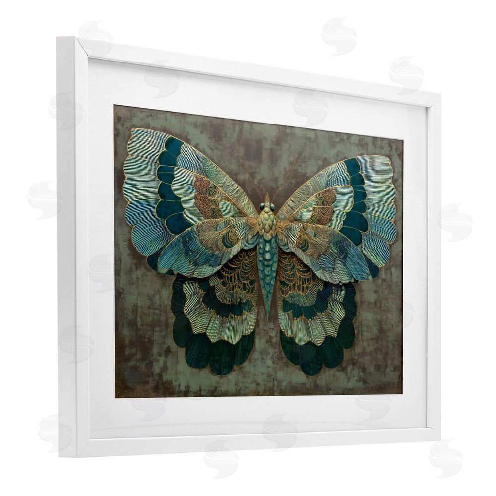 Petal Prints Design Golden Jewel Butterfly White Framed Print Under Glass Wall Art