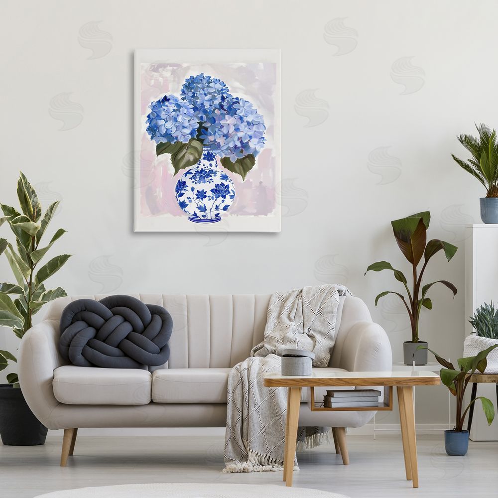 The Prints Vibe Blue Hydrangea in Porcelain Vase Stretched Canvas Wall Art Print in Room