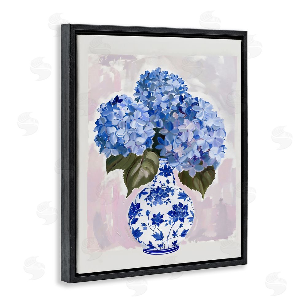 The Prints Vibe Blue Hydrangea in Porcelain Vase Black Floating Frame Stretched Canvas Wall Art Print
