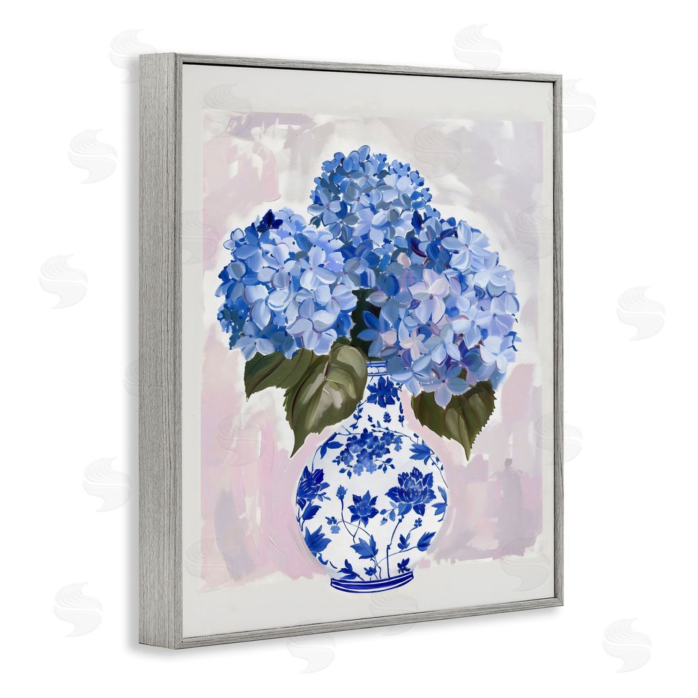 The Prints Vibe Blue Hydrangea in Porcelain Vase Gray Framed Giclee Wall Art Print