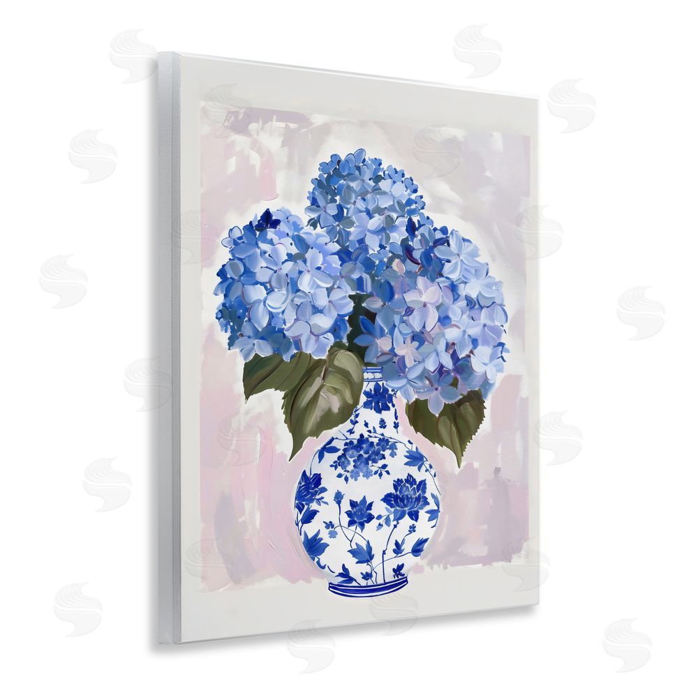 The Prints Vibe Blue Hydrangea in Porcelain Vase Wall Plaque Art Print with White Foil Wrap