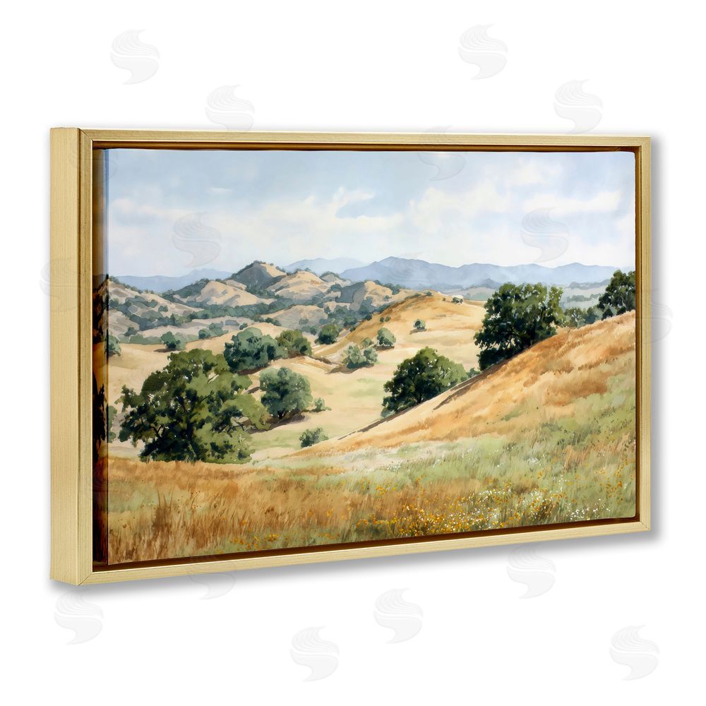 Petal Prints Design Idyllic Mountains and Trees Gold Floating Framed Canvas Wall Art