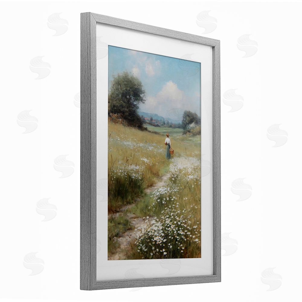 Petal Prints Design Flower Gazing in Summer Meadow Gray Framed Print Under Glass Wall Art