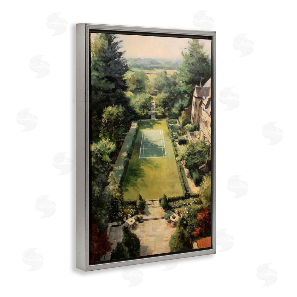 Petal Prints Design Vintage Tennis At The Manor Gray Floating Framed Canvas Wall Art Print