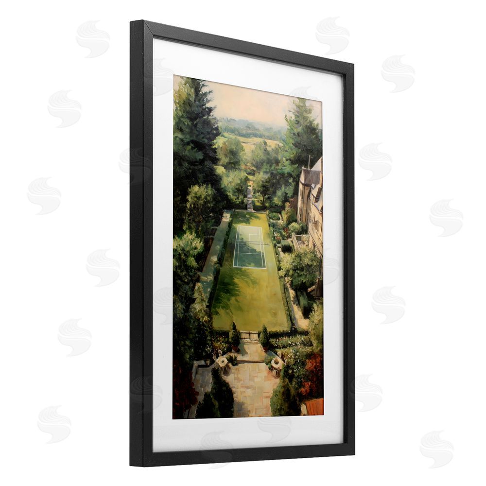Petal Prints Design Vintage Tennis At The Manor Black Framed Print Under Glass with White Mat Wall Art