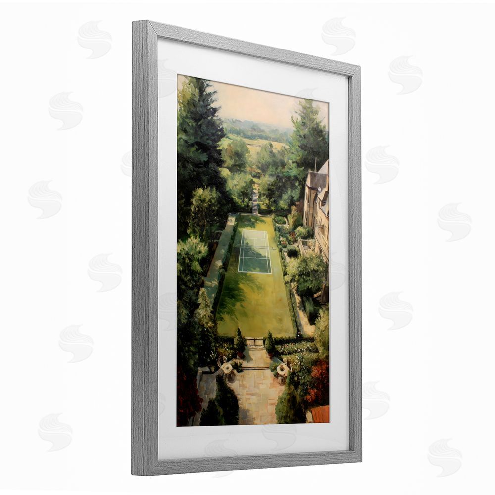 Petal Prints Design Vintage Tennis At The Manor Gray Framed Print Under Glass with White Mat Wall Art
