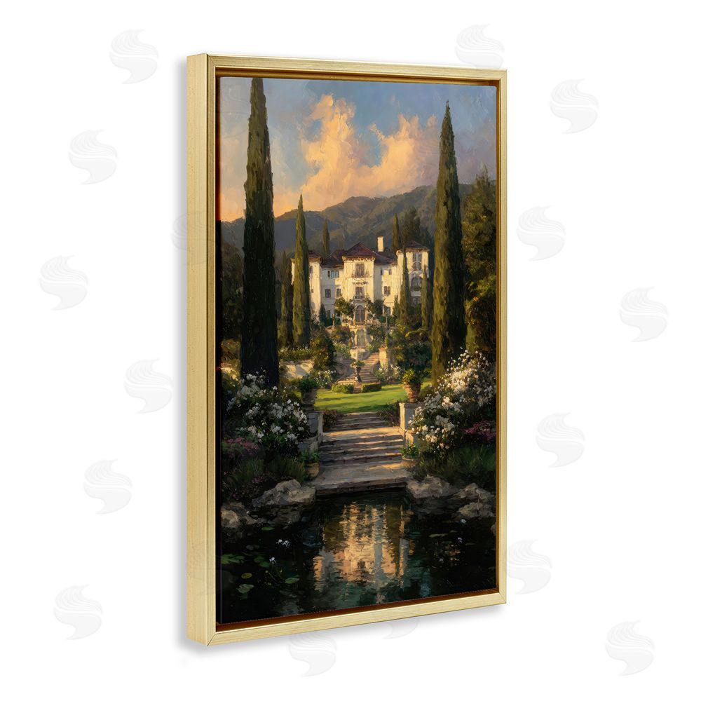 Petal Prints Design Victorian Mansion at Sunset Gold Floating Framed Canvas Wall Art Print