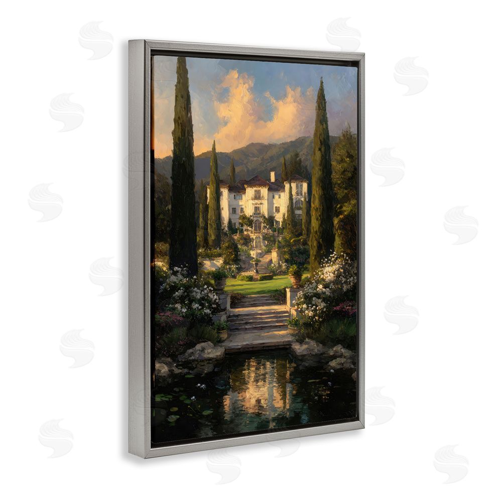 Petal Prints Design Victorian Mansion at Sunset Gray Floating Framed Canvas Wall Art Print