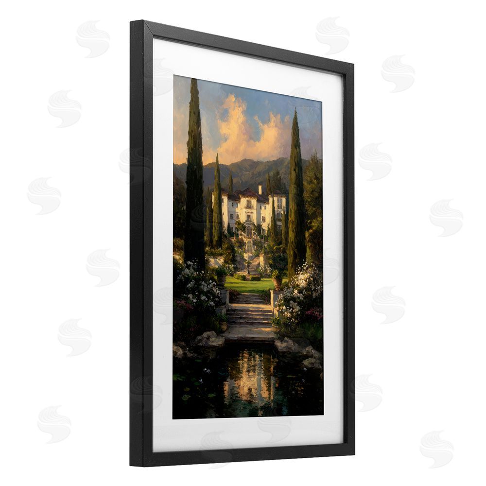 Petal Prints Design Victorian Mansion at Sunset Black Framed Print Under Glass with White Mat Wall Art