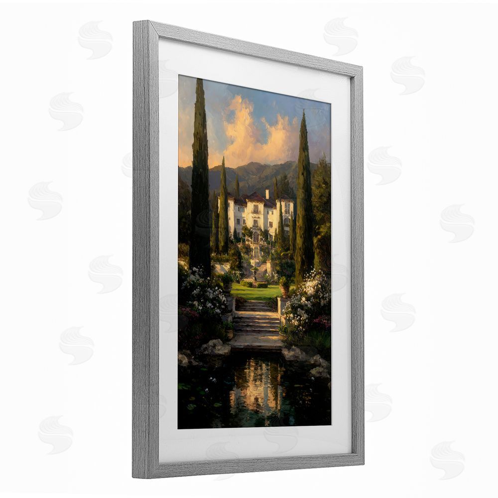 Petal Prints Design Victorian Mansion at Sunset Gray Framed Print Under Glass with White Mat Wall Art