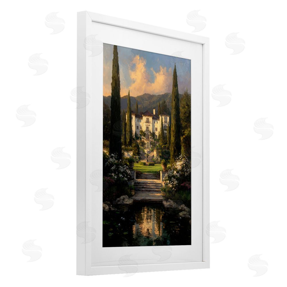 Petal Prints Design Victorian Mansion at Sunset White Framed Print Under Glass with White Mat Wall Art