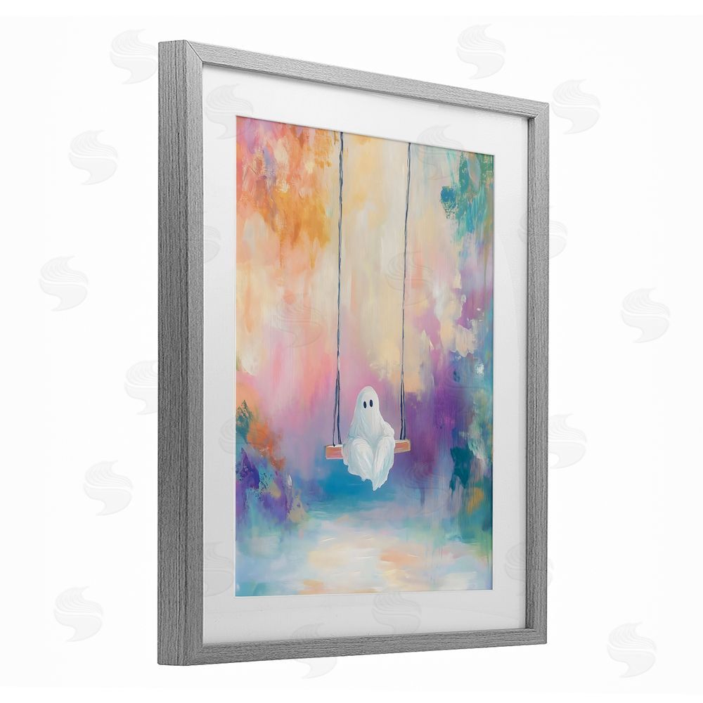 The Prints Vibe Watercolor Ghost on Swing Gray Framed Print Under Glass with White Mat Wall Art