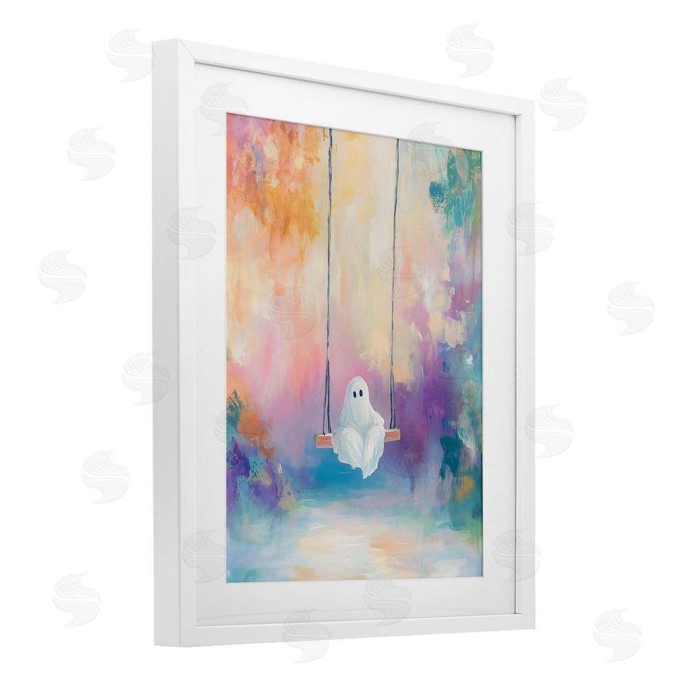 The Prints Vibe Watercolor Ghost on Swing White Framed Print Under Glass with White Mat Wall Art