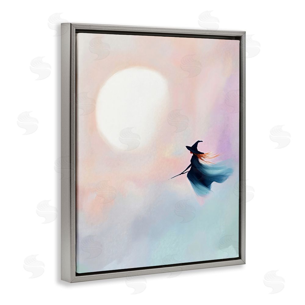 The Prints Vibe Witch Flying at Sunset Gray Floating Framed Canvas Wall Art Print