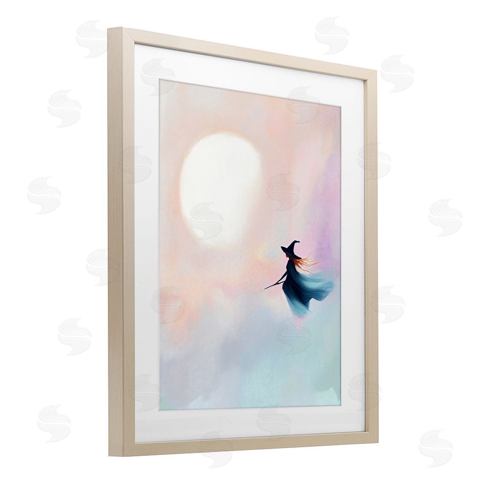 The Prints Vibe Witch Flying at Sunset Brown Framed Print Under Glass with White Mat Wall Art
