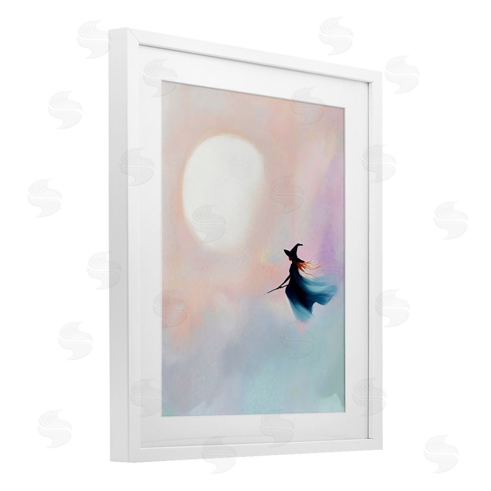 The Prints Vibe Witch Flying at Sunset White Framed Print Under Glass with White Mat Wall Art