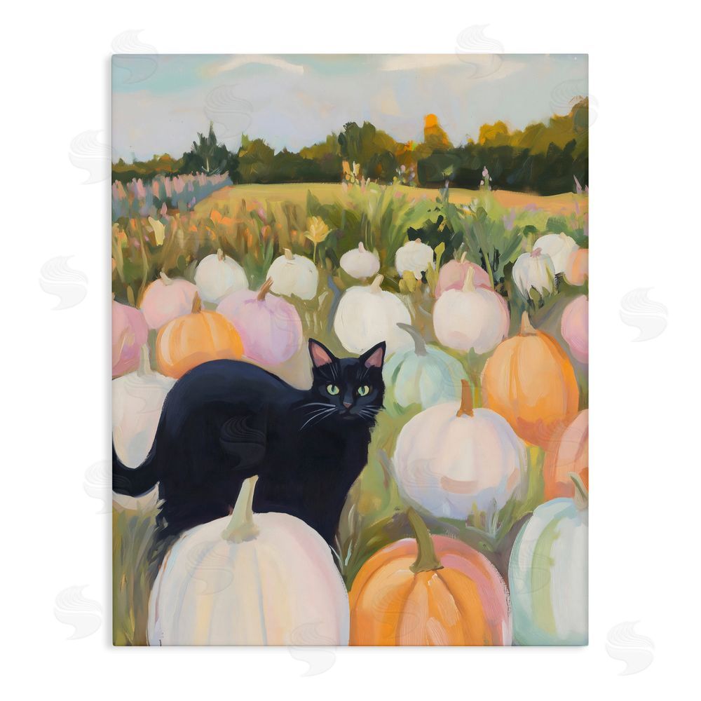 The Prints Vibe Kitten & Pumpkins in Field Stretched Canvas Wall Art