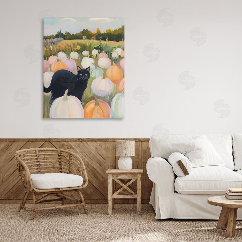 The Prints Vibe Kitten & Pumpkins in Field Stretched Canvas Wall Art in Room