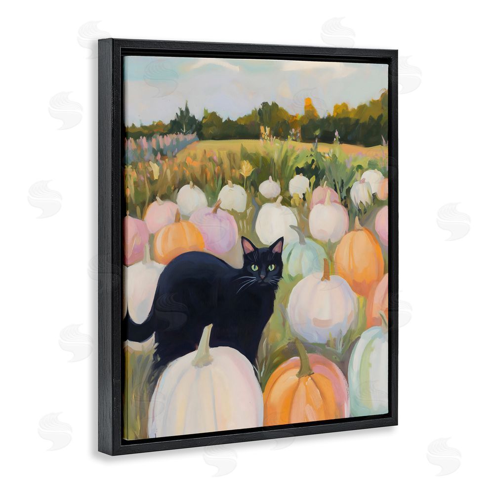 The Prints Vibe Kitten & Pumpkins in Field Black Floating Framed Canvas Wall Art