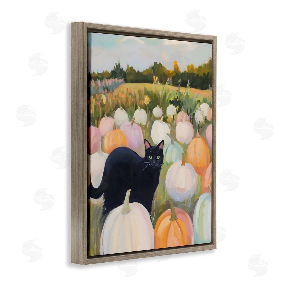 The Prints Vibe Kitten & Pumpkins in Field Brown Floating Framed Canvas Wall Art