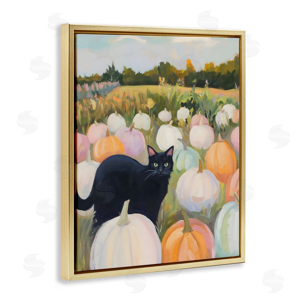 The Prints Vibe Kitten & Pumpkins in Field Gold Floating Framed Canvas Wall Art