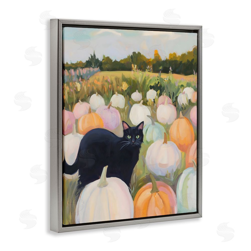 The Prints Vibe Kitten & Pumpkins in Field Gray Floating Framed Canvas Wall Art