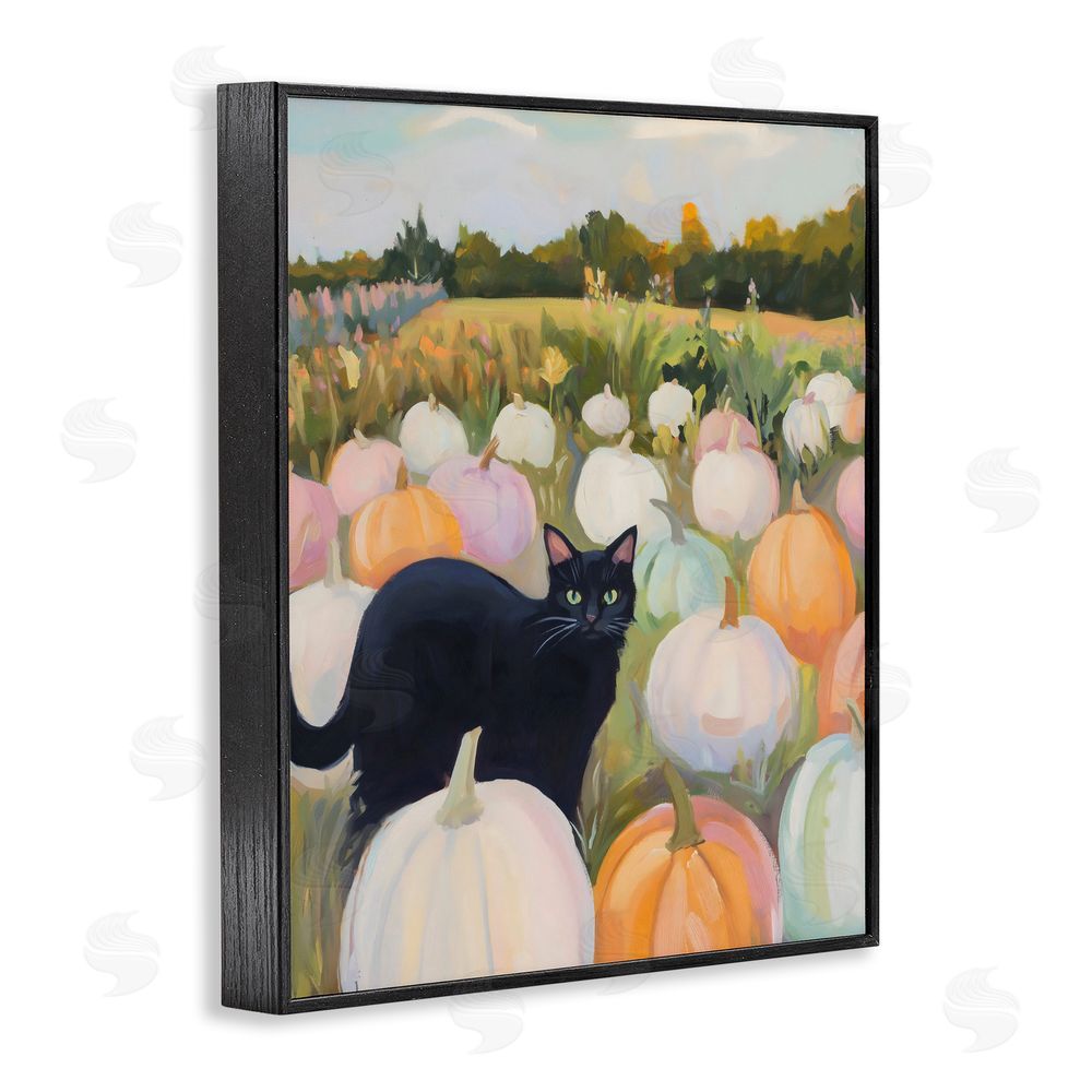 The Prints Vibe Kitten & Pumpkins in Field Black Framed Giclee Wall Art