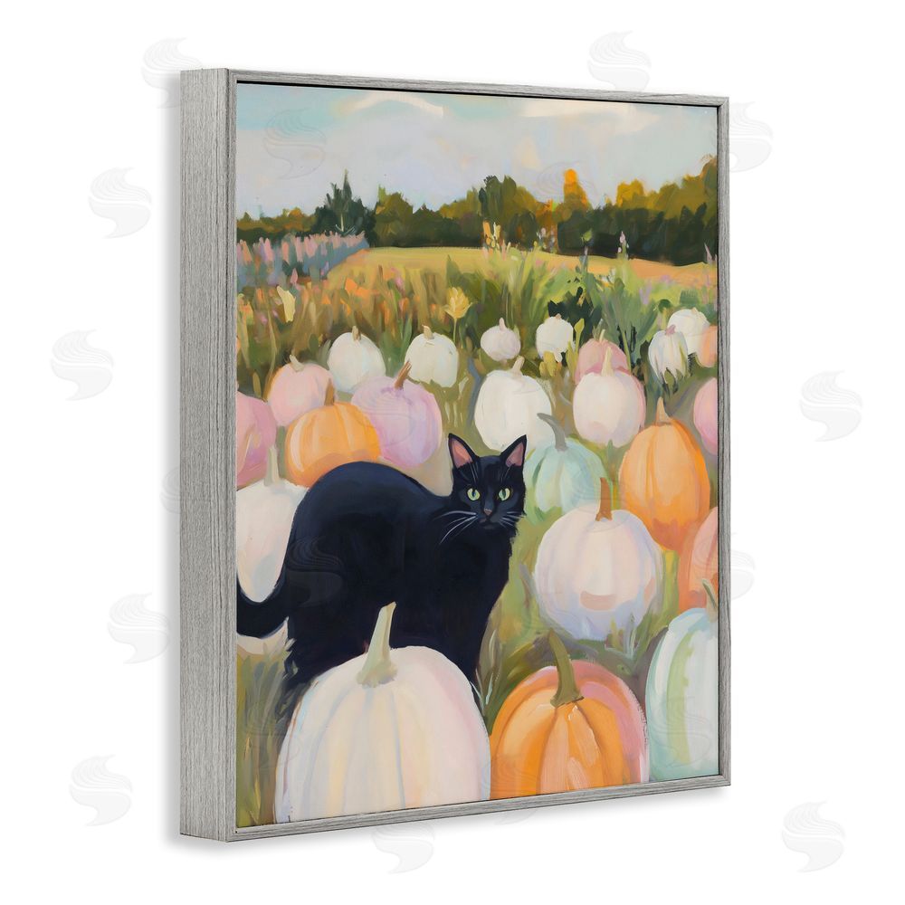 The Prints Vibe Kitten & Pumpkins in Field Gray Framed Giclee Wall Art