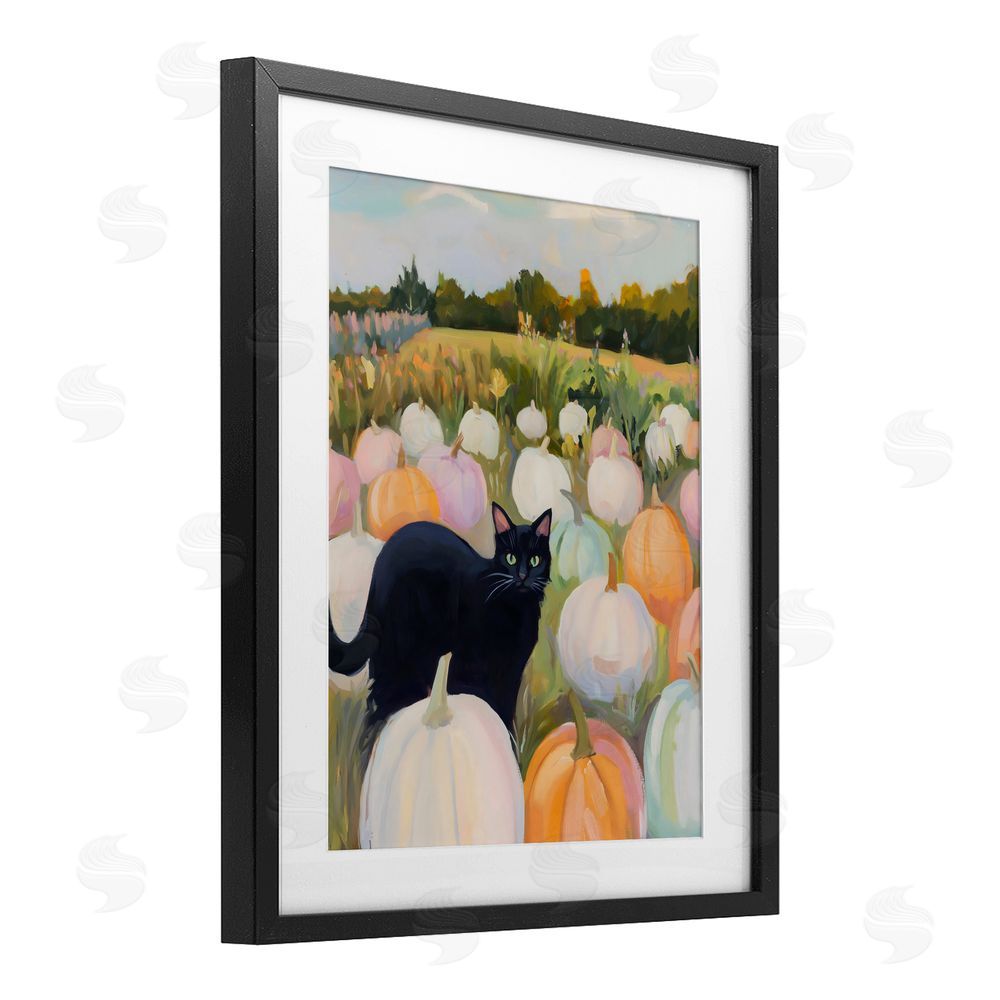 The Prints Vibe Kitten & Pumpkins in Field Black Framed Print Under Glass Wall Art