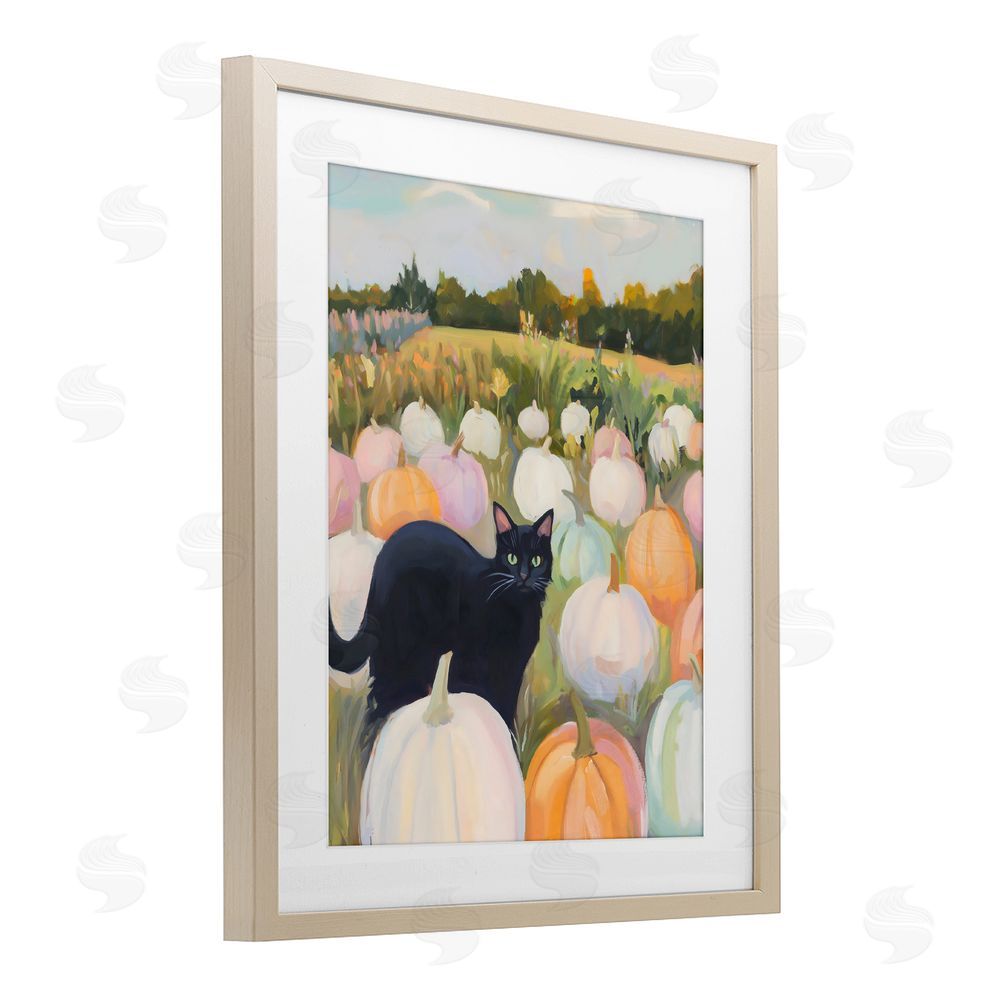 The Prints Vibe Kitten & Pumpkins in Field Brown Framed Print Under Glass Wall Art