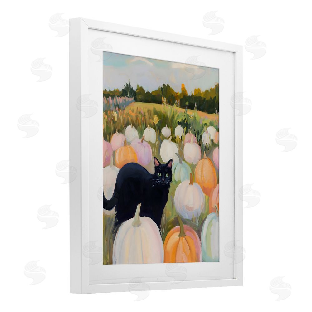 The Prints Vibe Kitten & Pumpkins in Field White Framed Print Under Glass Wall Art